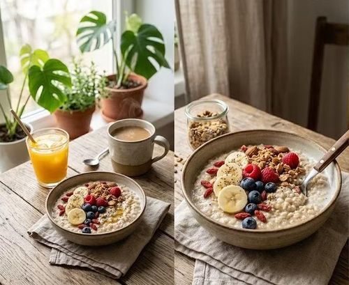 Nếu muốn tăng chất xơ, yến mạch là thực phẩm đáng cân nhắc. Yến mạch chứa chất xơ, trong đó có beta-glucan, có thể góp phần tạo cảm giác no. Có thể nấu yến mạch với sữa không đường, thêm chuối hoặc các loại quả mọng và một ít hạt, đồng thời tránh các loại yến mạch ăn liền có nhiều đường. Ảnh minh hoạ AI