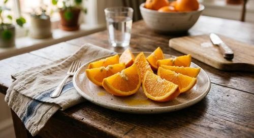 Quả cam chứa nhiều nước, vitamin C cùng một lượng chất xơ nhất định, đặc biệt khi ăn cả phần tép. So với các món tráng miệng nhiều đường, một quả cam nguyên quả có thể là lựa chọn nhẹ nhàng hơn. Để kiểm soát lượng đường nạp vào, nên ưu tiên ăn cam trực tiếp thay vì uống nước cam đã thêm đường. Ảnh minh hoạ AI