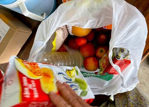 Bánh pía và ít hoa quả bà K. mua làm quà cho con cháu.