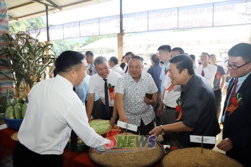 Các đại biểu tham quan gian hàng nông sản tại Phiên chợ.