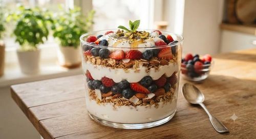 Món parfait sữa chua Hy Lạp là một bữa sáng lành mạnh tốt cho tim mạch. Ảnh minh họa AI