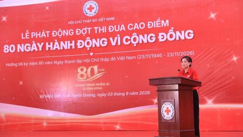 Chủ tịch Hội Chữ thập đỏ Việt Nam Đỗ Thị Thu Thảo phát biểu tại buổi lễ. (Ảnh: CTĐ)