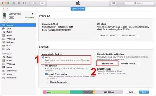  Chọn iCloud làm nơi lưu trữ dữ liệu > Nhấn Back Up Now. 