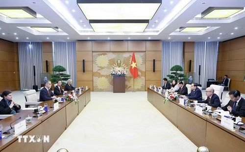 Chủ tịch Quốc hội Trần Thanh Mẫn tiếp Đại sứ đặc mệnh toàn quyền Cộng hòa Pháp tại Việt Nam Olivier Brochet. (Ảnh: Doãn Tấn/TTXVN)