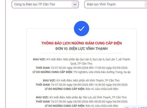 Lịch ngừng cấp điện tại Cần Thơ ngày mai 4/9 được cập nhật ngày 3/9 tại website của EVNSPC. Ảnh: BNEWS phát