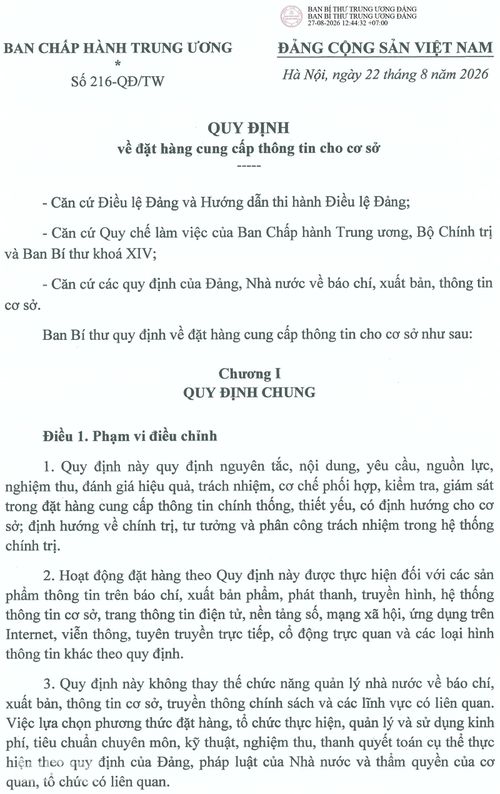 Nguồn: Quy định số 216-QĐ/TW ngày 22/8/2026 của Ban Bí thư.