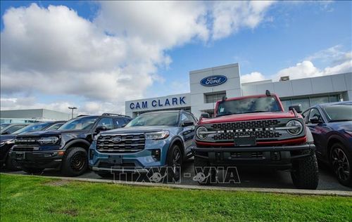 Xe ô tô mới được bày bán tại cửa hàng của Hãng xe Ford (Mỹ) ở Vancouver, British Columbia, Canada, ngày 3/4/2025. Ảnh: THX/TTXVN