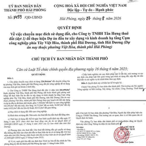 Quyết định số 3459/QĐ-UBND do ông Lê Anh Quân, Phó Chủ tịch UBND TP Hải Phòng ký ngày 27/8/2026