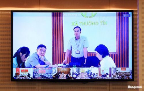 Đại diện lãnh đạo xã Thường Tín phát biểu trực tuyến. Ảnh: Viết Thành