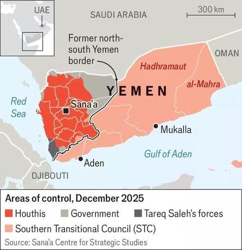 Bản đồ nội chiến Yemen với mỗi khu vực do các lực lượng khác nhau kiểm soát. Nguồn: SCSS