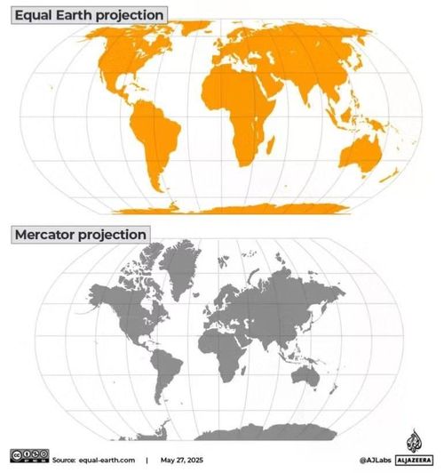 Hình ảnh bản đồ phép chiếu Equal Earth (trên) và phép chiếu Mercator (dưới). (Ảnh: Al Jazeera)