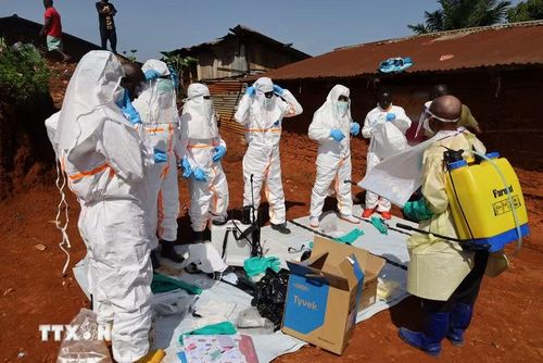 Nhân viên y tế mặc trang phục bảo hộ trước khi điều trị cho bệnh nhân mắc Ebola tại tỉnh Ituri, CHDC Congo ngày 24/5/2026. (Ảnh: THX/TTXVN)