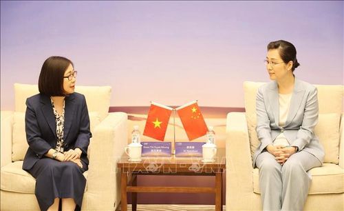 Phó Tổng Giám đốc TTXVN Đoàn Thị Tuyết Nhung (trái) gặp và làm việc với Phó Xã trưởng Tân Hoa xã Tập Diễm Xuân. Ảnh: Công Tuyên/PV TTXVN tại Trung Quốc