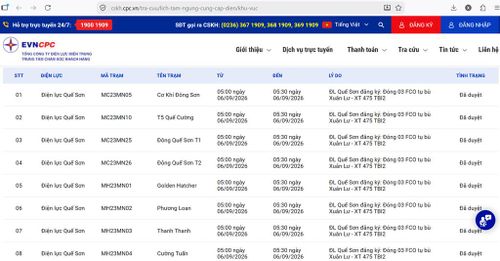 Lịch cắt điện Đà Nẵng ngày 6/9 cập nhật tại website của EVNCPC lúc 8h38 ngày 5/9. Ảnh: BNEWS/TTXVN