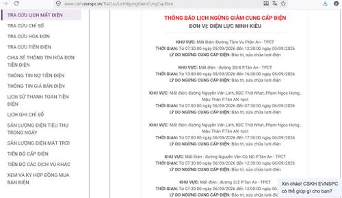 Lịch ngừng cấp điện tại Cần Thơ ngày mai 6/9 được cập tại website của EVNSPC lúc 15h40 ngày 5/9. Ảnh: BNEWS phát