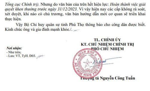 Văn bản trả lời của Bộ CHQS tỉnh Phú Thọ.