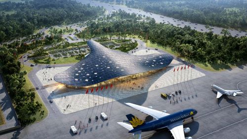 Phối cảnh nhà ga VIP: mái mở rộng về hai phía, tái hiện chuyển động của cá đại bàng biển. Ảnh: Sun Group.