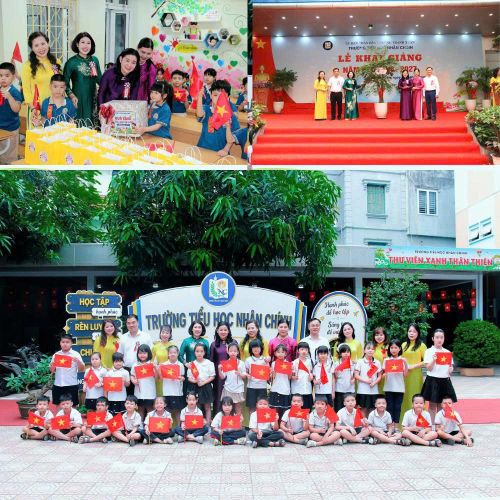 Lãnh đạo phường Thanh Xuân dự lễ khai giảng, tặng quà và chung vui cùng thầy, trò Trường Tiểu học Nhân Chính. Ảnh: PV