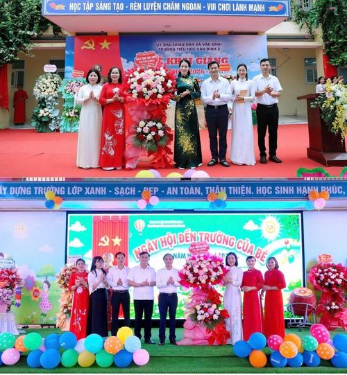 Lãnh đạo xã Vân Đình tặng hoa chúc mừng các trường nhân dịp khai giảng năm học 2026-2027. Ảnh: Đình Thuỷ