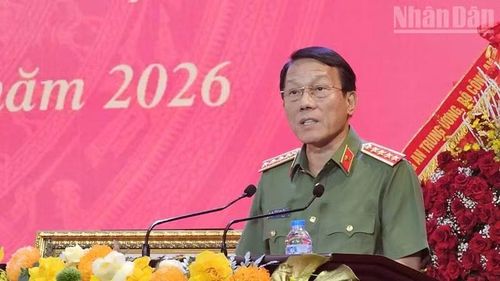 Đồng chí Đại tướng Lương Tam Quang, Bộ trưởng Công an phát biểu tại buổi lễ. (Ảnh: Mai Luận)