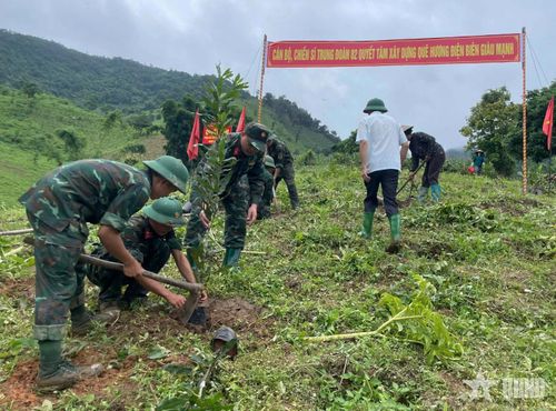 Cán bộ, chiến sĩ Tiểu đoàn 3, Trung đoàn 82, Sư đoàn 355, Quân khu 2 giúp nhân dân bản Na Hai, xã Sam Mứn, tỉnh Điện Biên trồng cà phê.
