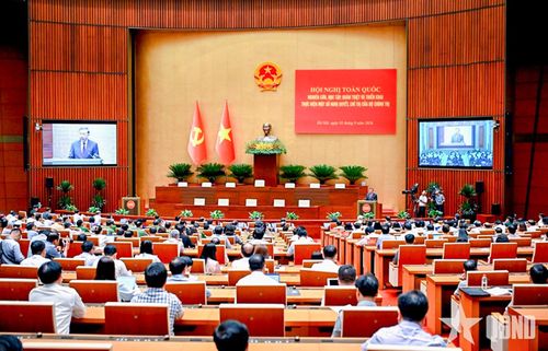 Quang cảnh Hội nghị toàn quốc nghiên cứu, học tập, quán triệt và triển khai thực hiện một số Nghị quyết, Chỉ thị của Bộ Chính trị ngày 3-9-2026. Ảnh:qdnd.vn