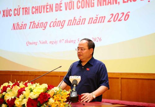 Bí thư Quản Minh Cường phát biểu tại Hội nghị tiếp xúc cử tri chuyên đề với công nhân lao động vào tháng 5/2026.