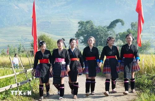Thiếu nữ Mông với trang phục truyền thống đi chơi Ngày hội “Mùa vàng Tả Lèng - Hương lúa giữa non cao”. (Ảnh: Nguyễn Oanh/TTXVN).