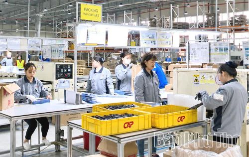 Công nhân Công ty TNHH CAP GLOBAL (xã Lương Sơn) tích cực thi đua lao động sản xuất.