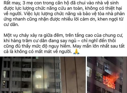 Hình ảnh một trang thông tin đăng tải chi tiết "rất may" 3 mẹ con trong căn hộ đã chui vào nhà vệ sinh và được lực lượng chức năng cứu an toàn. Ảnh: Đ.T.