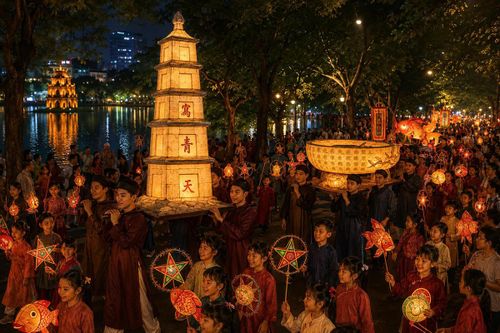 Đoàn rước đèn lồng Bút Tháp, Đài Nghiên đêm Rằm tháng Tám. Ảnh: BTC.