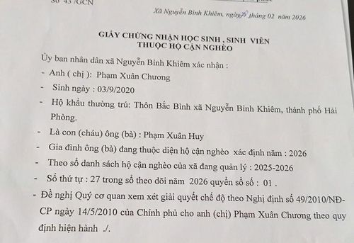 Địa phương xác nhận gia đình anh Phạm Xuân Huy thuộc diện hộ cận nghèo