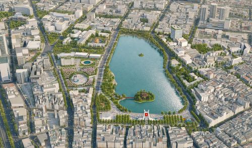 Phối cảnh tổng thể khu vực hồ Hoàn Kiếm dự kiến được Thành phố Hà Nội tái thiết trong thời gian tới.