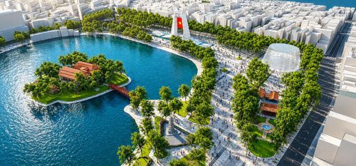 Phối cảnh khu vực đền Bà Kiệu và công trình tưởng niệm liệt sĩ Hà Nội.