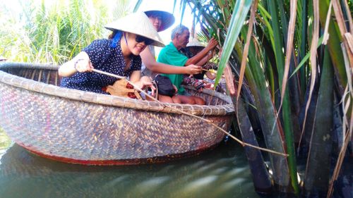 Du khách trải nghiệm thuyền thúng chai tại Rừng dừa Bảy Mẫu Cẩm Thanh. Ảnh: L.Q