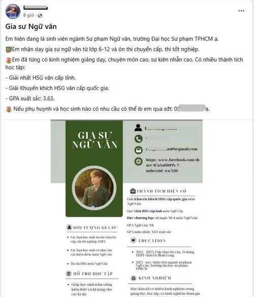 Một sinh viên sư phạm đăng tin nhận làm thêm công việc gia sư.