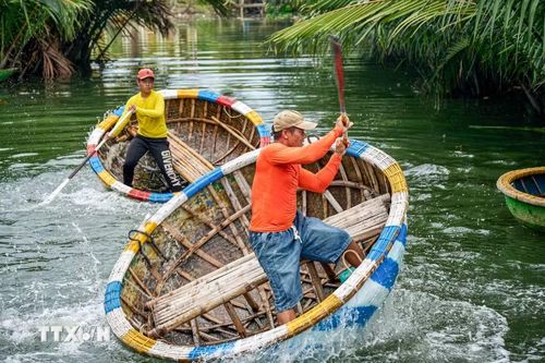 Màn biểu diễn múa thúng tạo điểm nhấn trong hành trình khám phá rừng dừa Bảy Mẫu. (Ảnh: Khánh Hòa/TTXVN)