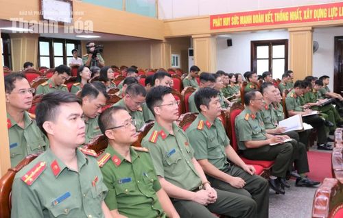 Các đại biểu dự hội nghị tại điểm cầu Công an tỉnh.
