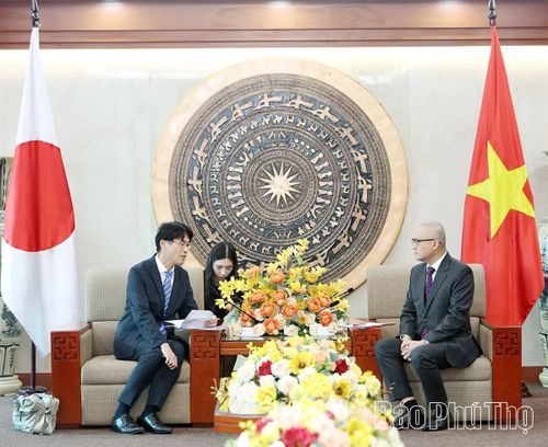 Đồng chí Bí thư Tỉnh ủy Phạm Đại Dương và Ngài Yamashita Makoto - Thống đốc tỉnh Nara trao đổi một số nội dung quan trọng tại buổi tiếp.