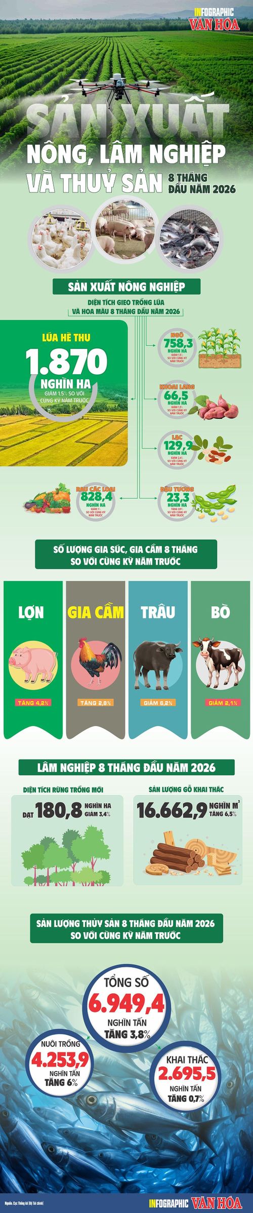 Sản lượng thủy sản 8 tháng năm 2026 đạt 6.949,4 nghìn tấn, tăng 3,8% so với cùng kỳ