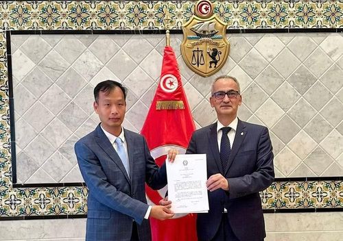 Đại sứ Nguyễn Nam Dương trình bản sao Thư Ủy nhiệm lên Quốc Vụ Khanh Bộ Ngoại giao Mohamed Ben Ayed. (Ảnh do Đại sứ quán Việt Nam tại Ả-rập Ai Cập cung cấp)