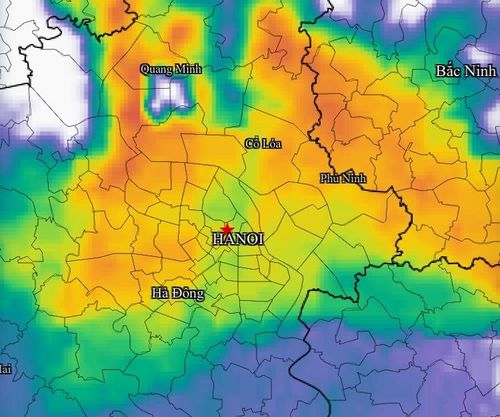 Ảnh radar thời tiết khu vực Hà Nội với khối mây lớn gây mưa diện rộng chiều 9-9. Nguồn: Chụp lại màn hình ứng dụng của Cục Khí tượng - thủy văn
