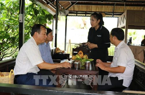 Ông Trần Hoàng Nhật Nam (trái), Bí thư Đảng ủy xã Bình Ninh, tỉnh Đồng Tháp, nghe Công ty Trách nhiệm hữu hạn ca cao Xuân Ron Chợ Gạo thuyết minh về mô hình trồng ca cao kết hợp du lịch. Ảnh: Hữu Chí - TTXVN