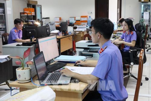 Cán bộ, Kiểm sát viên Phòng 1, Viện Kiểm sát nhân dân Thành phố Hồ Chí Minh nghiên cứu, xử lý hồ sơ trên nền tảng điện tử. Ảnh: Hồng Đạt - TTXVN