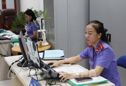 Cán bộ, Kiểm sát viên Phòng Công tố và kiểm sát điều tra, kiểm sát xét xử sơ thẩm án an ninh, ma túy (Phòng 1), Viện Kiểm sát nhân dân Thành phố Hồ Chí Minh làm việc trên hệ thống máy tính, phục vụ số hóa và xử lý hồ sơ vụ án. Ảnh: Hồng Đạt - TTXVN