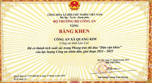 Công an xã Quang Kim (thuộc huyện Bát Xát cũ, nay là Công an xã Bát Xát) vinh dự được Bộ Công an tặng Bằng khen về thành tích xuất sắc trong phong trào thi đua “Dân vận khéo” của lực lượng Công an nhân dân, giai đoạn 2021 - 2025.
