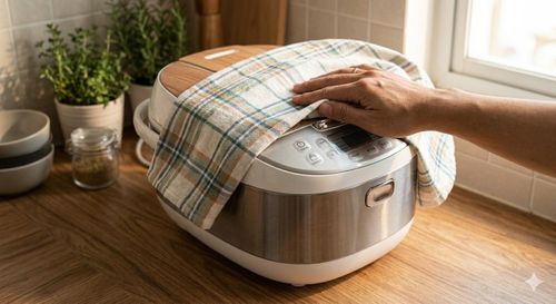 Đây là lý do nhiều gia đình, nhất là khi nấu cơm trước bữa ăn khá lâu, có thói quen phủ một chiếc khăn mỏng lên nồi. Ảnh minh họa.
