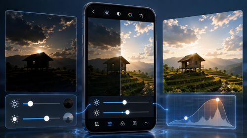 Quy trình phối hợp điều chỉnh thanh trượt vùng sáng và vùng tối trên ứng dụng nhằm làm sáng rõ nét mặt chủ thể bị ngược sáng mà vẫn bảo toàn chi tiết mây trời phía sau. Đồ hoạ: Thái Bình