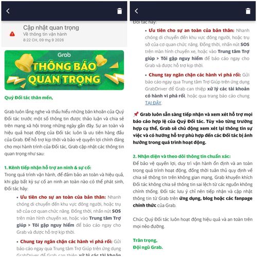 Thông báo từ Grab gửi tới đối tác tài xế trong ngày 9/9. Ảnh: Tài xế Grab cung cấp