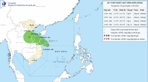 Hướng di chuyển của áp thấp nhiệt đới vào sáng 12-9-2026. Ảnh: NCHMF